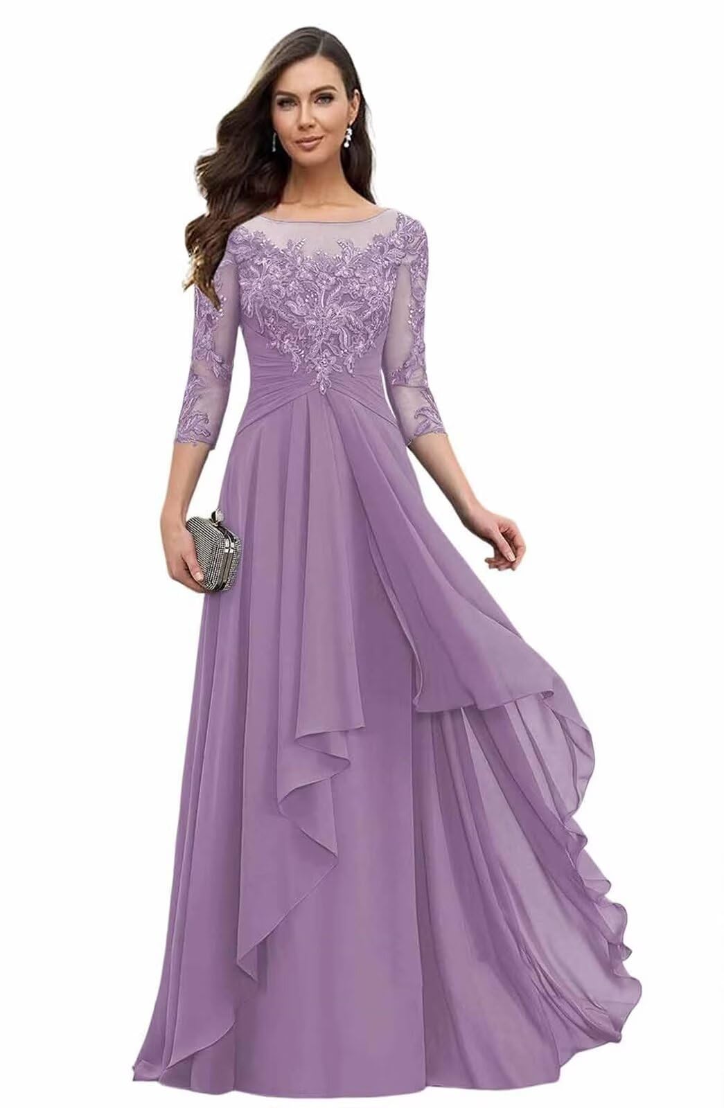 Jewel Lace Mother of The Bride Dresses for Wedding Chiffon Long Wedding Guest Gowns with 3 4 Sleeves