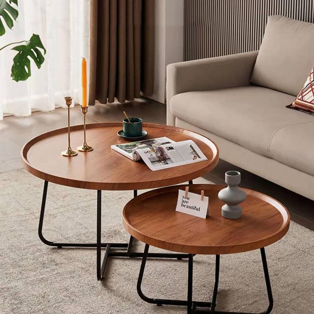 SXZenSpace Round Nesting Wood Coffee Table Set of 2,Modern Center with Metal Non Slip Feet Side End Tables for Living Room Office,D,70cm(27.6")+50cm(19.7")