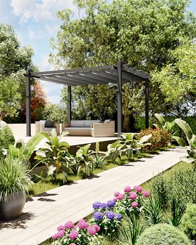 Image of KYBOLT 10x13 Ft Aluminum Pergola with Retractable Canopy Metal Gazebo for Porch Modern Backyard Deck Grape Trellis(Gray)