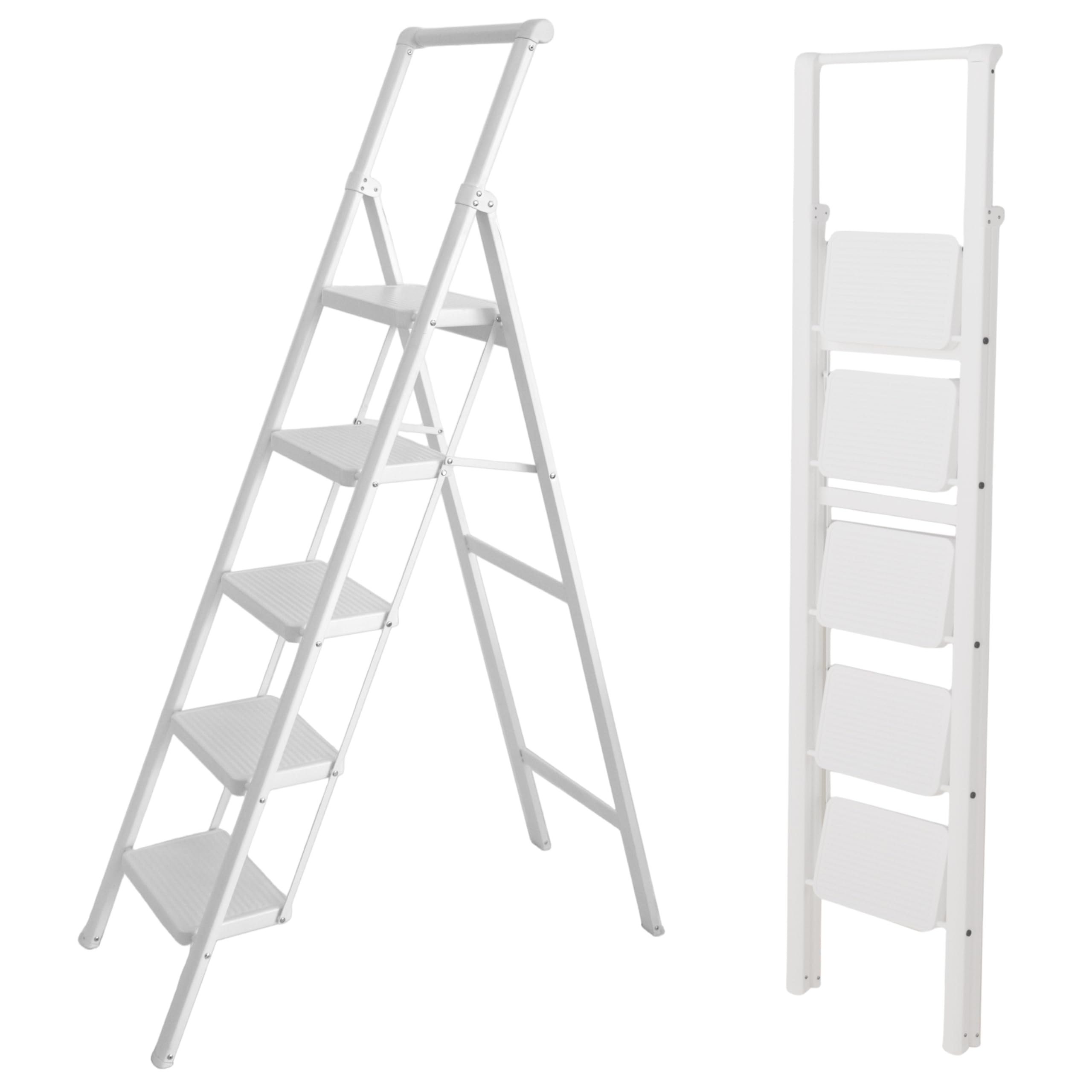 Folding Ladder 5 Steps White, Light and Stable, Wide Non-Slip Steps, EN 131 150 kg