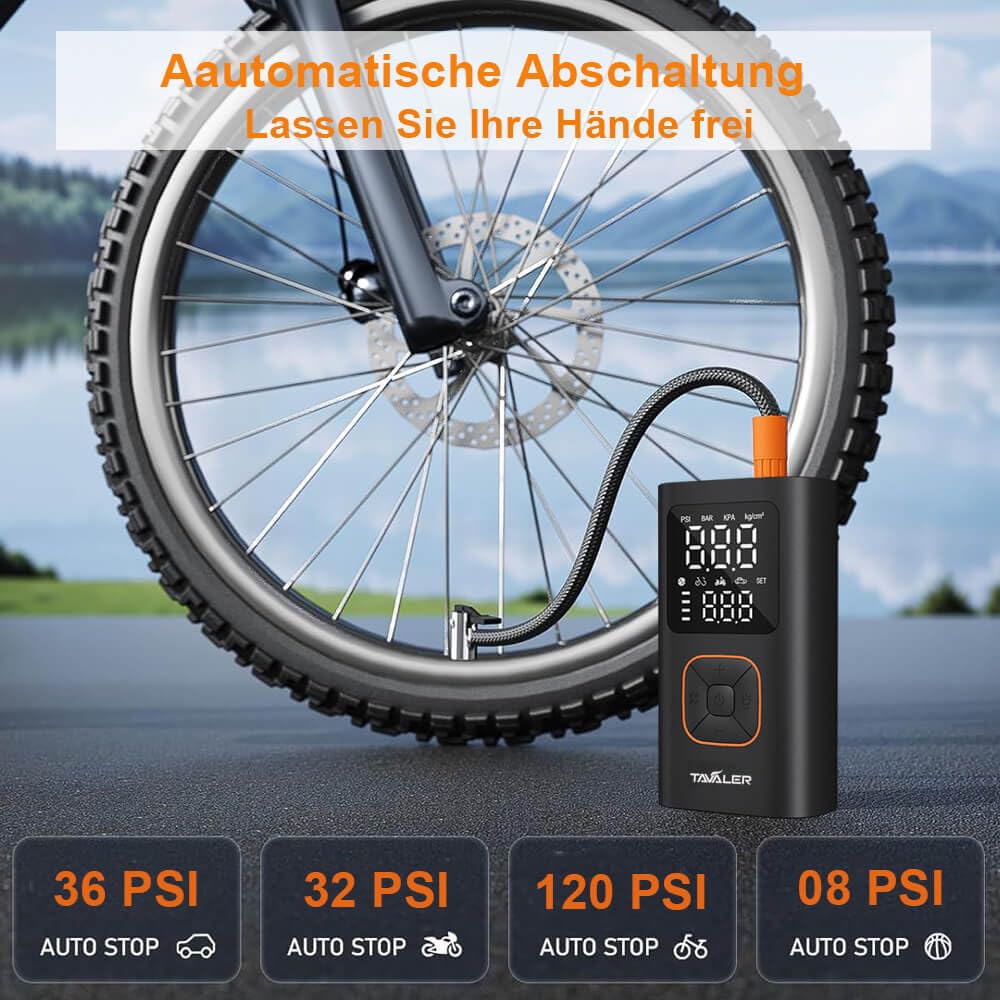Tavaler Elektrische Luftpumpe Kabellose 150PSI Tragbare Akku Fahrradpumpe | Akku Luftpumpe Autostop, Memory Funktion Fahrradpumpe Elektrisch, LED-Licht Mini Kompressor für Auto E-Bike Fahrrad Motorrad