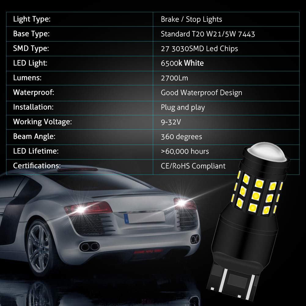 KATUR 7443 7444NA 7440 Lampadina a LED 3030 Chip 2700 Lumen Sostituisci per Luce Freno Indicatori di direzione Lampadine Luci di retromarcia, 6500 K Xenon Bianco (Confezione da 2