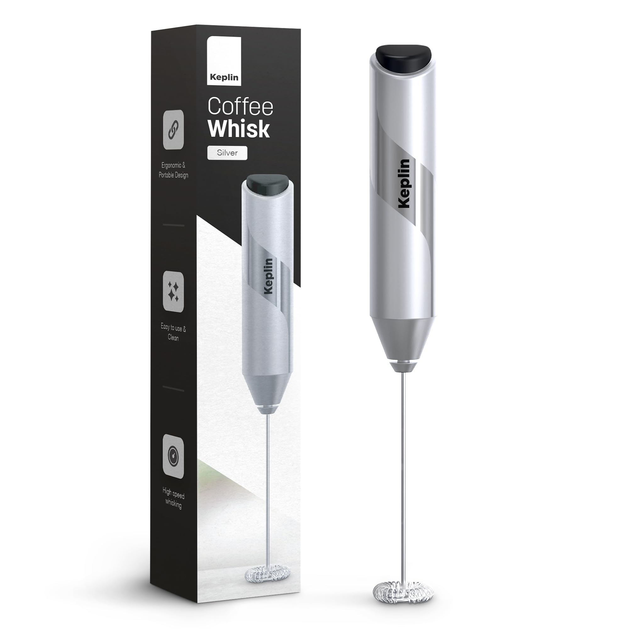 Keplin Handheld Milk Frother - Stainless Steel Electric Whisk - Portable Battery Operated Coffee Stirrer for Lattes, Matcha, Protein Shakes - Ergonomic, Compact, Easy to Clean & Use (Silver)