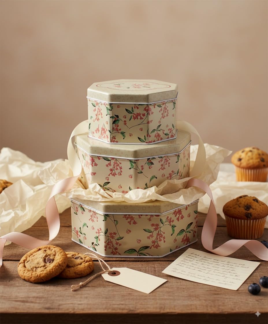 Lettuce Eat® Set Of 3 Cake Storage Tins Airtight Cookie Cupcake Biscuit Tin Baking Haberdashery Metal Boxes With Lids