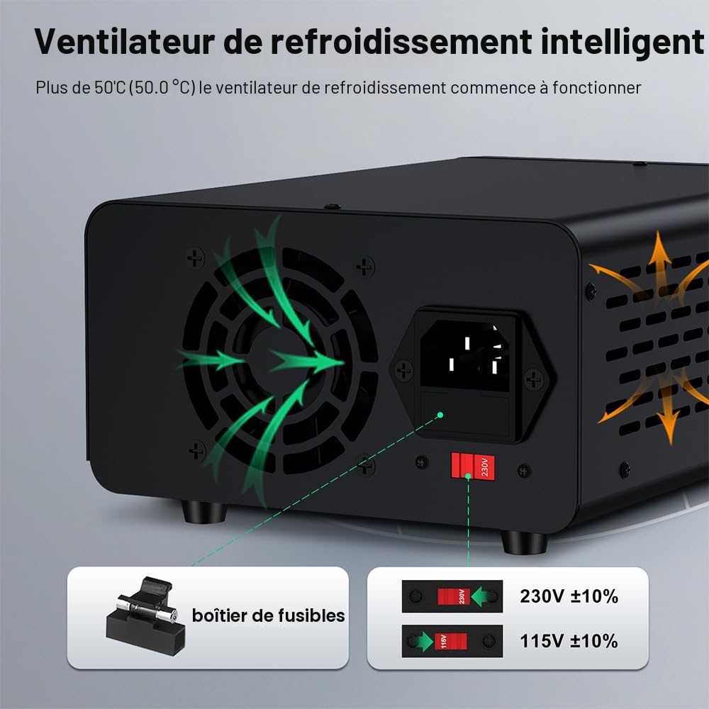 Alimentation de Laboratoire 120V 3A avec 3 Mémoires et clé de Verrouillage, Alimentation Stabilisée Réglable avec Protection OCP/Sorties/Charge Rapide USB/Affichage LED à 4 Chiffres