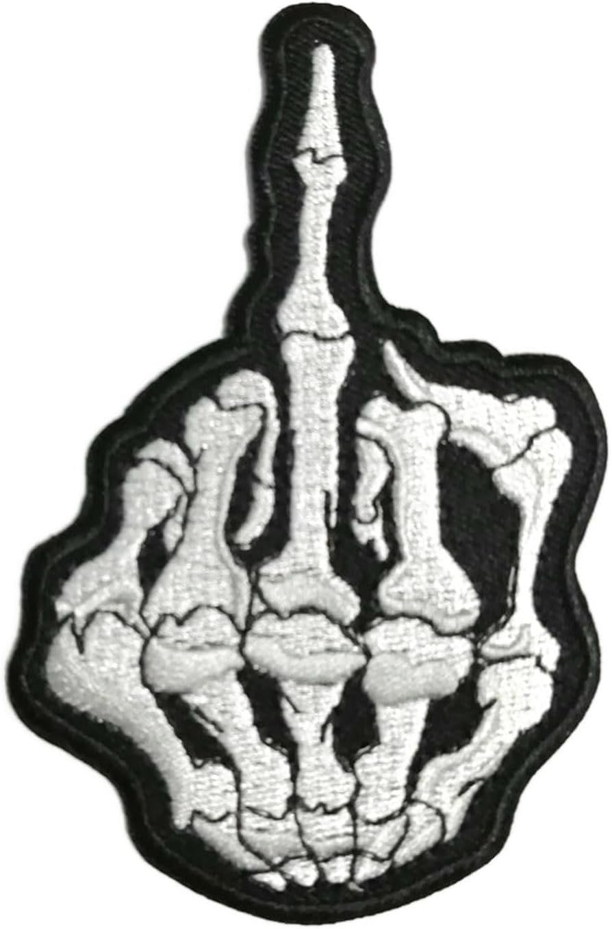 Skull Middle Finger Skeleton Bone Ghost Hog Outlaw Hot Rod Motorcycles Rider Lady Biker Jacket T Shirt Patch Sew Iron on Embroidered Applique Sign