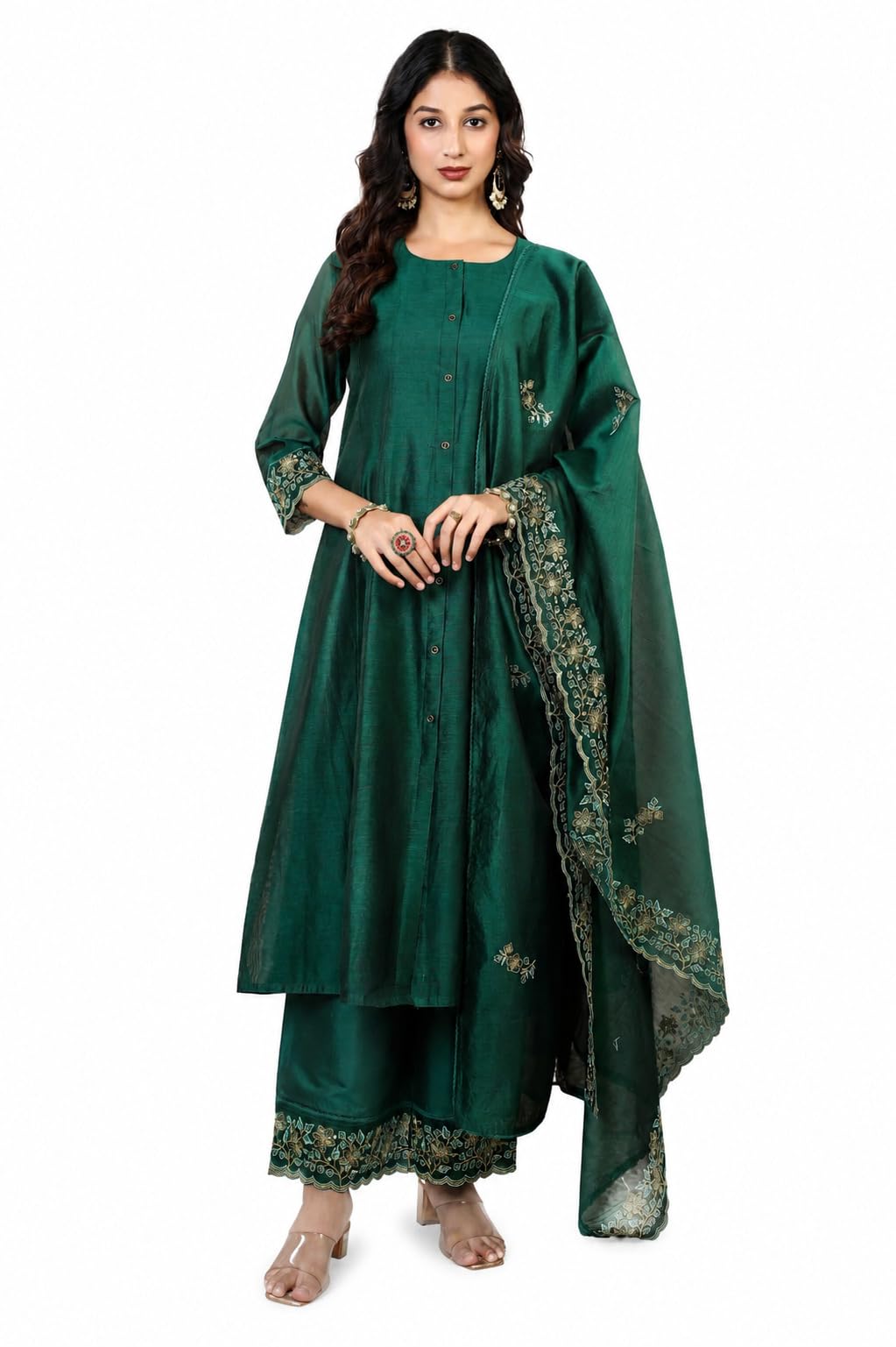 cotton culture Bottle Green Embroidered Ethnic Kurta Set with Dupatta-picture-37