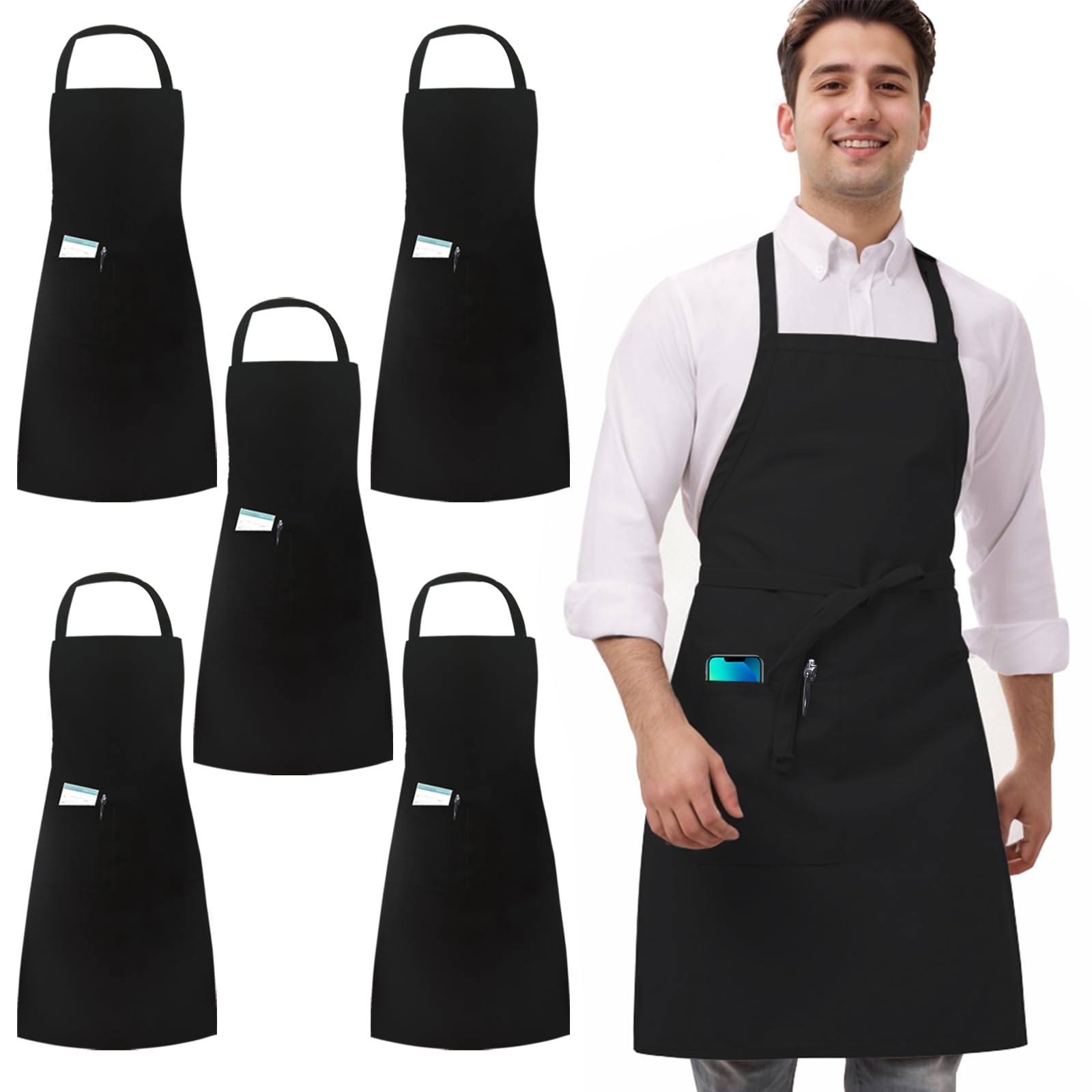 umboom 5 Pack Black Chef Aprons, Cooking Aprons with Pockets for Men Women, Professional Kitchen Aprons, Bulk Servers Work Apron for Dishwashing Restaurant Bakers Salon