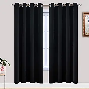 Yakamok Soft and Smooth Blackout Curtains for Bedroom - Grommet Thermal Insulated Room Darkening Curtains for Living Room, Set of 2 Panels (52W x 72L Inch, Black)