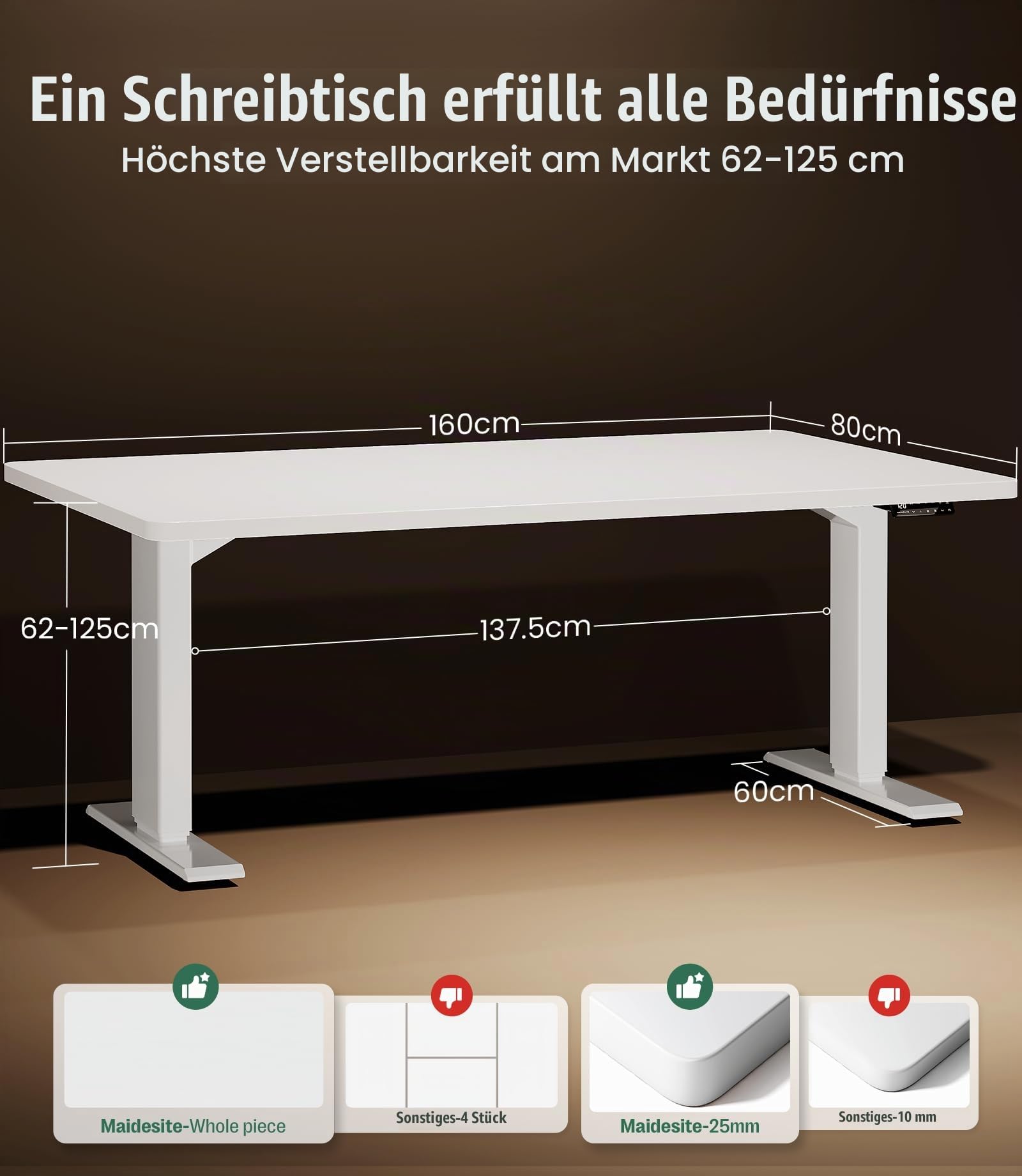 MAIDeSITe Höhenverstellbarer Schreibtisch 160x80cm - Elektrisch Schreibpult Höhenverstellbar 3-stufige mit 2 Energieeffizient‌ Motoren -Stabil & Flüsterleiser Arbeitsplätze Traglast 160kg -S2 Pro Plus