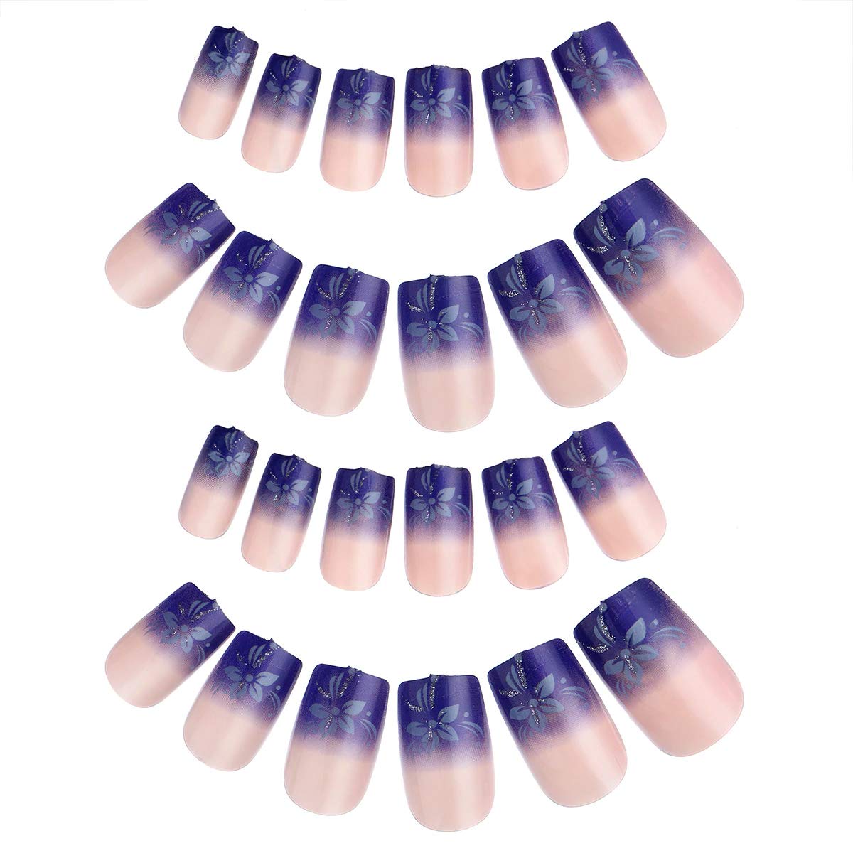 TCA.Q.J Women's False Nails With French Tip And Airbrush Design Crossing Upgraded Super Adhesive Fitted Shape Easy Removal Tabs- 24 Pieces- Blue