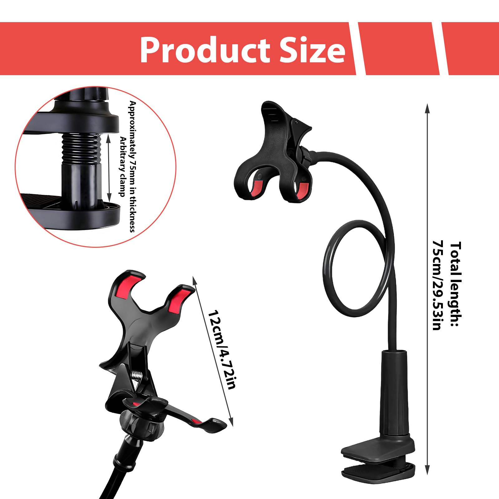 Support Telephone Lit, Support téléphone avec col de Cygne de - Réglable, avec bras télescopique flexible de 75 cm - Convient à tous les modèles - Convient pour les vidéos et regarder des films