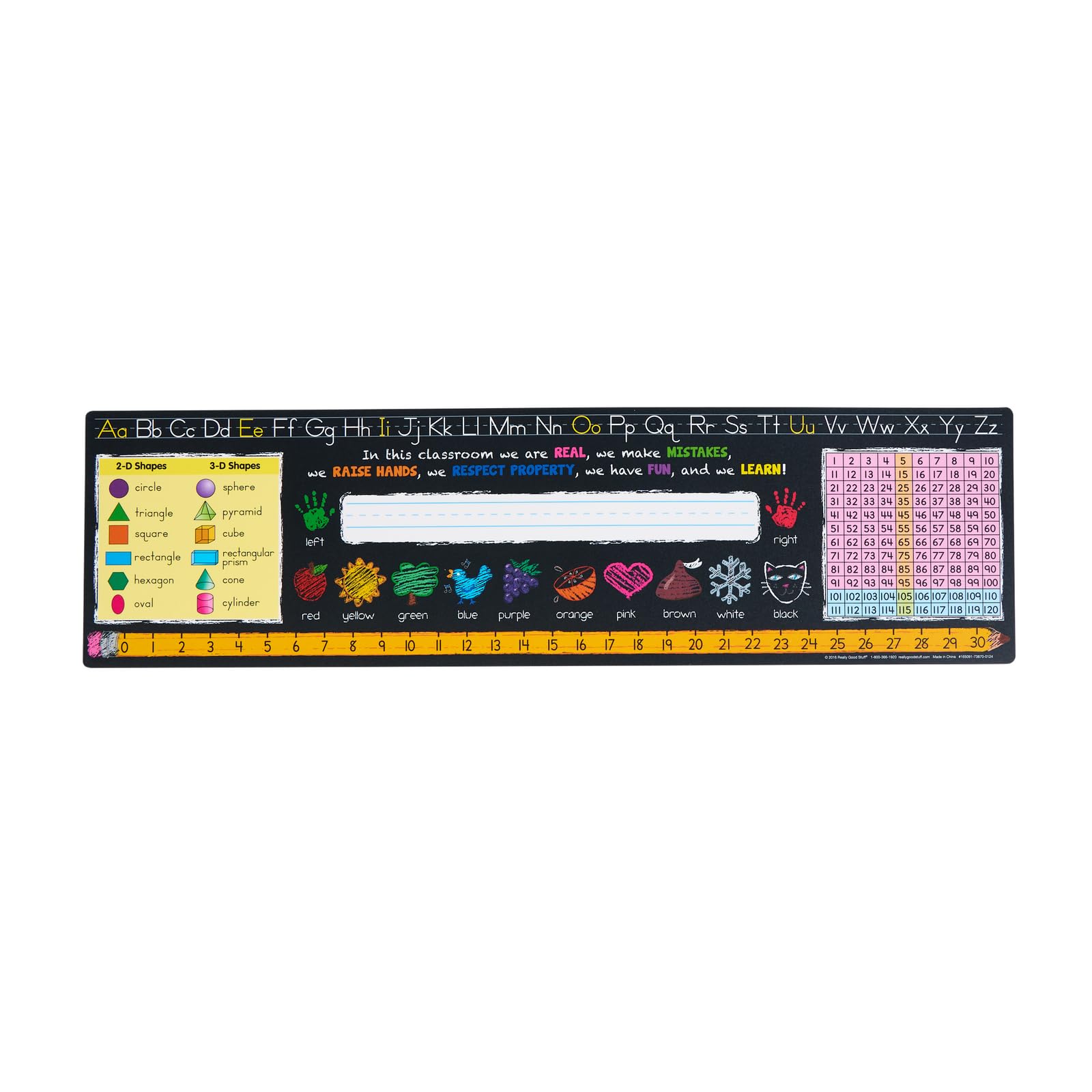 Really Good Stuff 24PK Chalkboard-Style Grades K-2 Self-Adhesive Deluxe Plastic Desktop Reference Nameplate with a Number Line, Alphabet Letters, 2-D