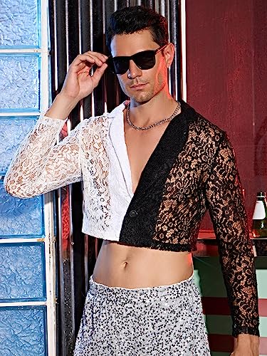 WDIRARA Men's Floral Lace Contrast Mesh Lapel Neck Long Sleeve Colorblock Blazer4