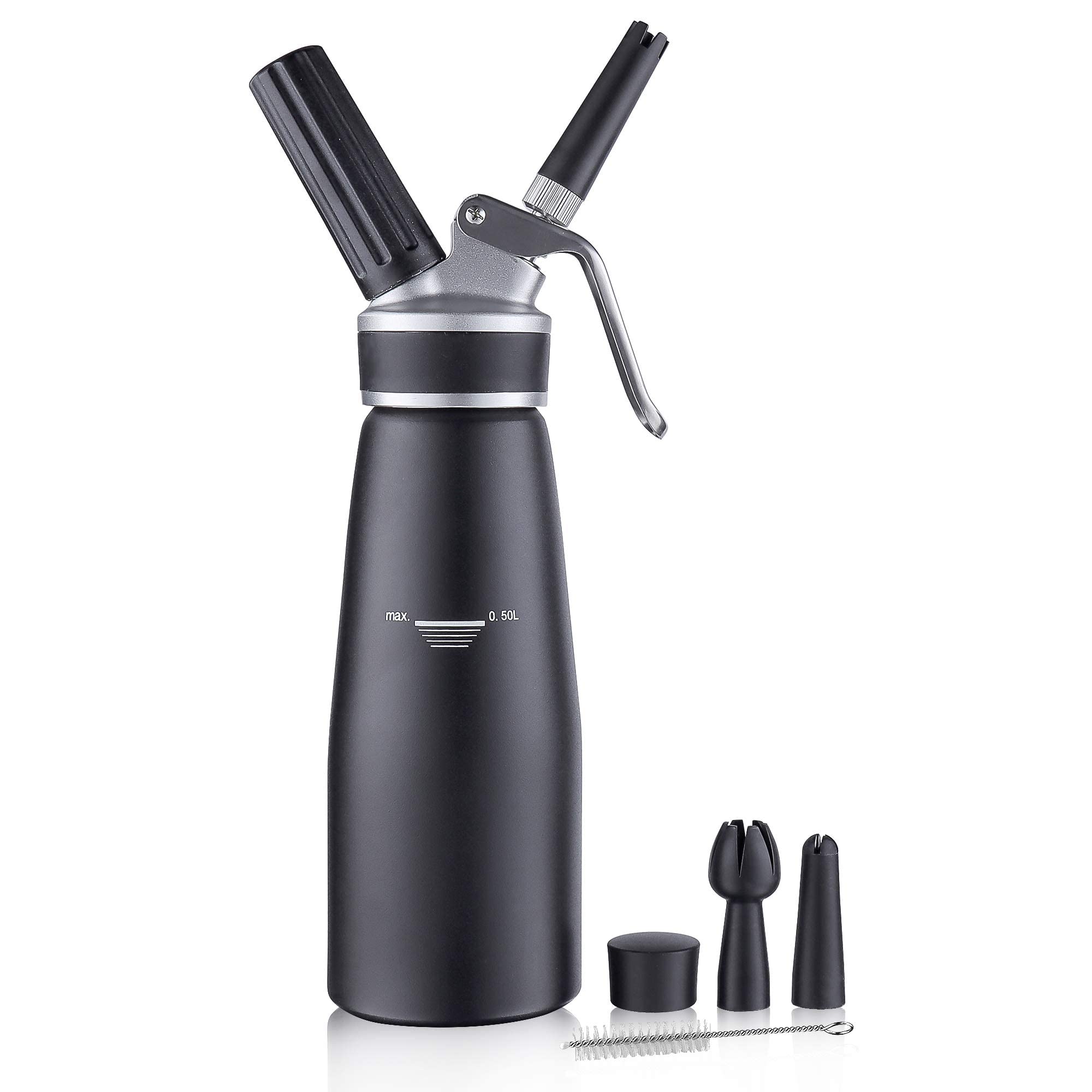 Sivaphe Cream Dispenser Whipped Cream Black Siphon Aluminum for Home Party Dessert 500ML with Cleaning Brush, 3 Decorating Nozzles
