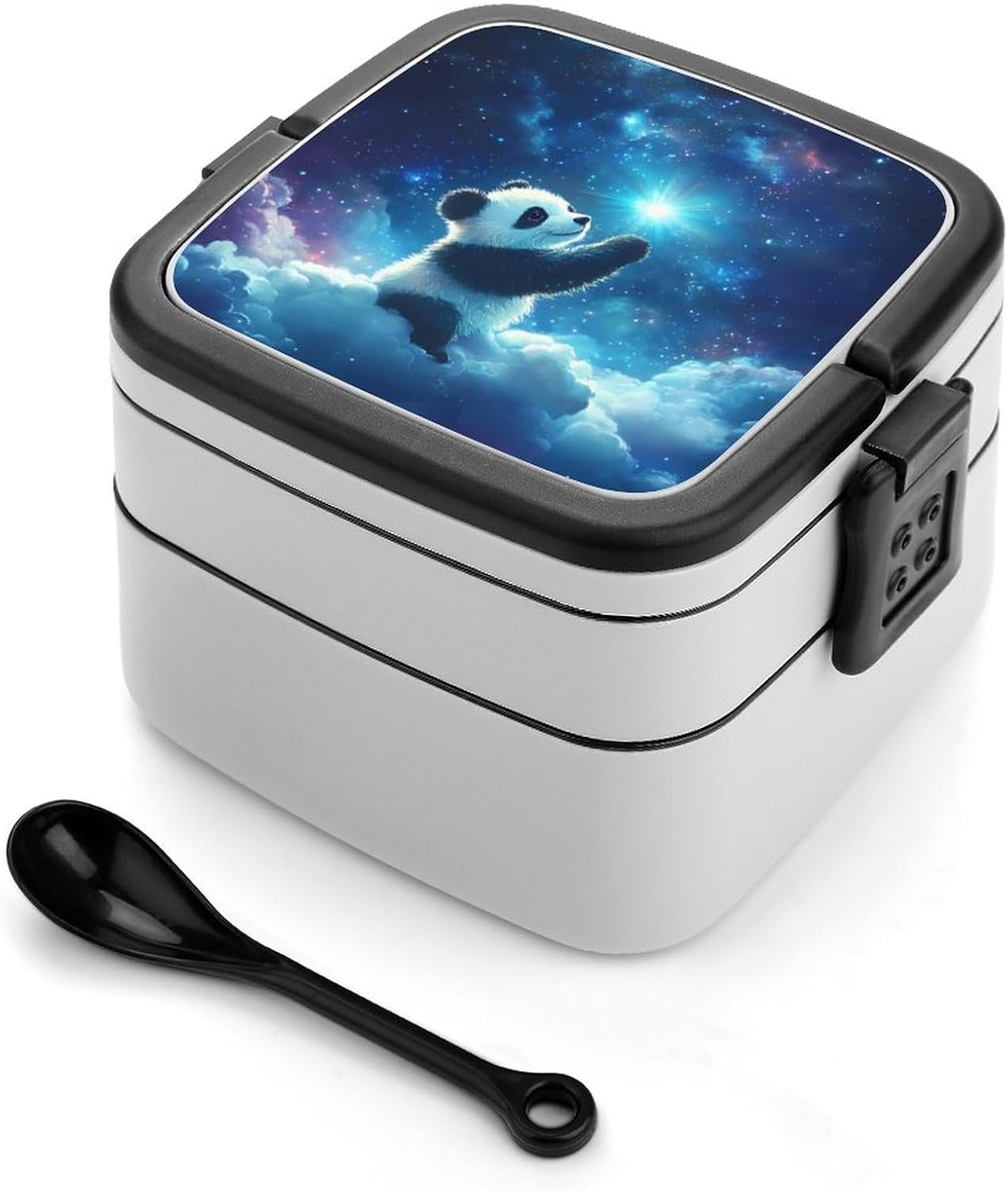 Panda Sky Bento Box with Spoon 2 Layer Food Container Cute Lunch Box for Travel Dining Work
