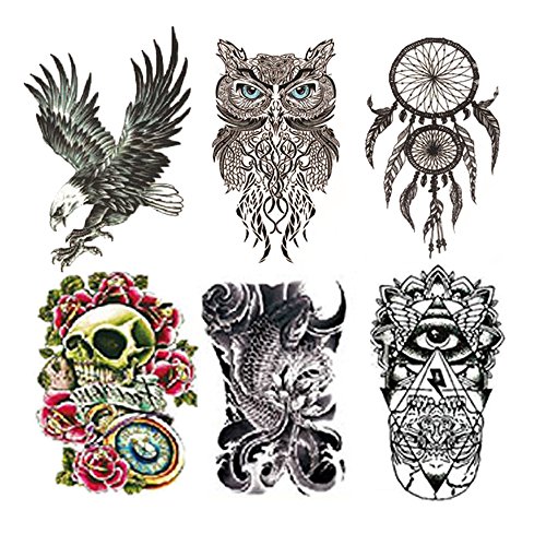 Fake Waterproof Removable Temporary Tattoos - Fashion Lady Long Lasting Body Art Stickers - Eagle Owl Fish Big Skull Flower Eye Make Up - 6 Styles Body Painting Premium Kit for Guys