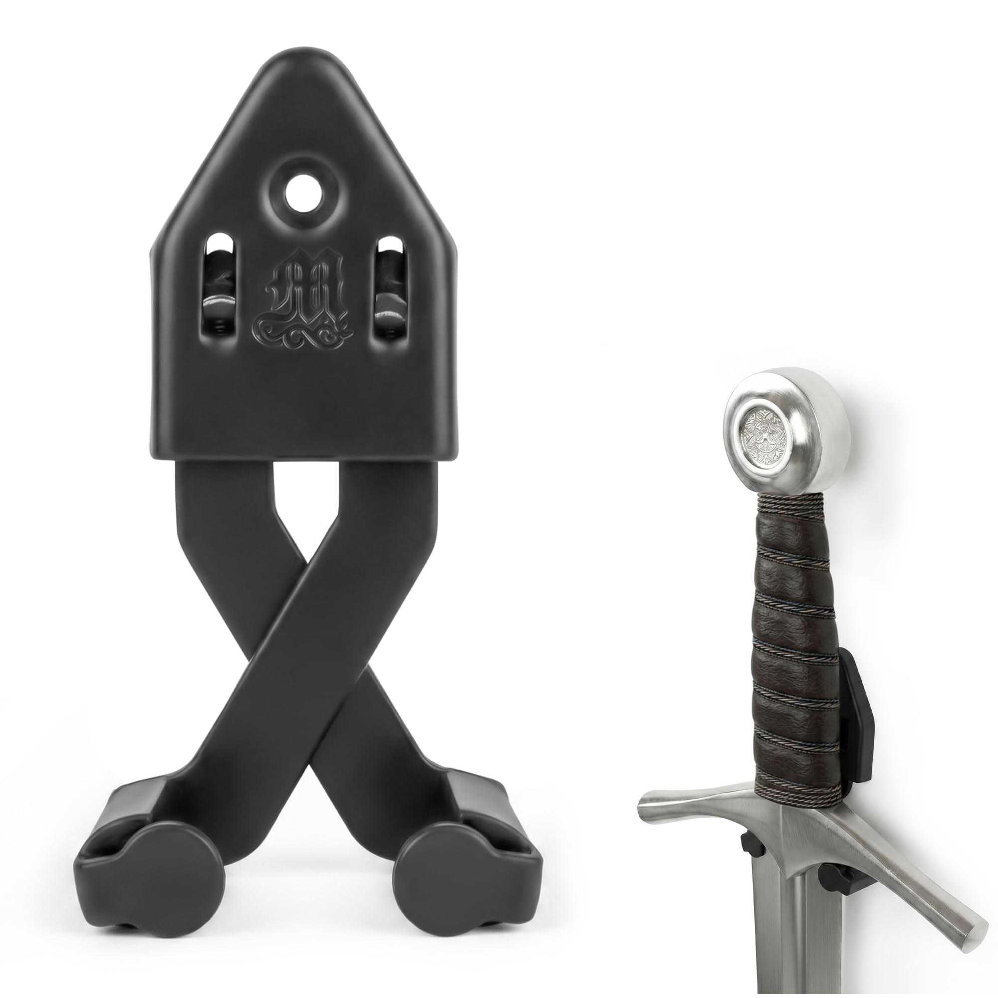Mythrojan Metal Single Sword Wall Mounts Vertical Sword Mount Display Wall Hanger Adjustable Multifunctional Mount Wall Decor Rack for Axe, Knives - Black, Large