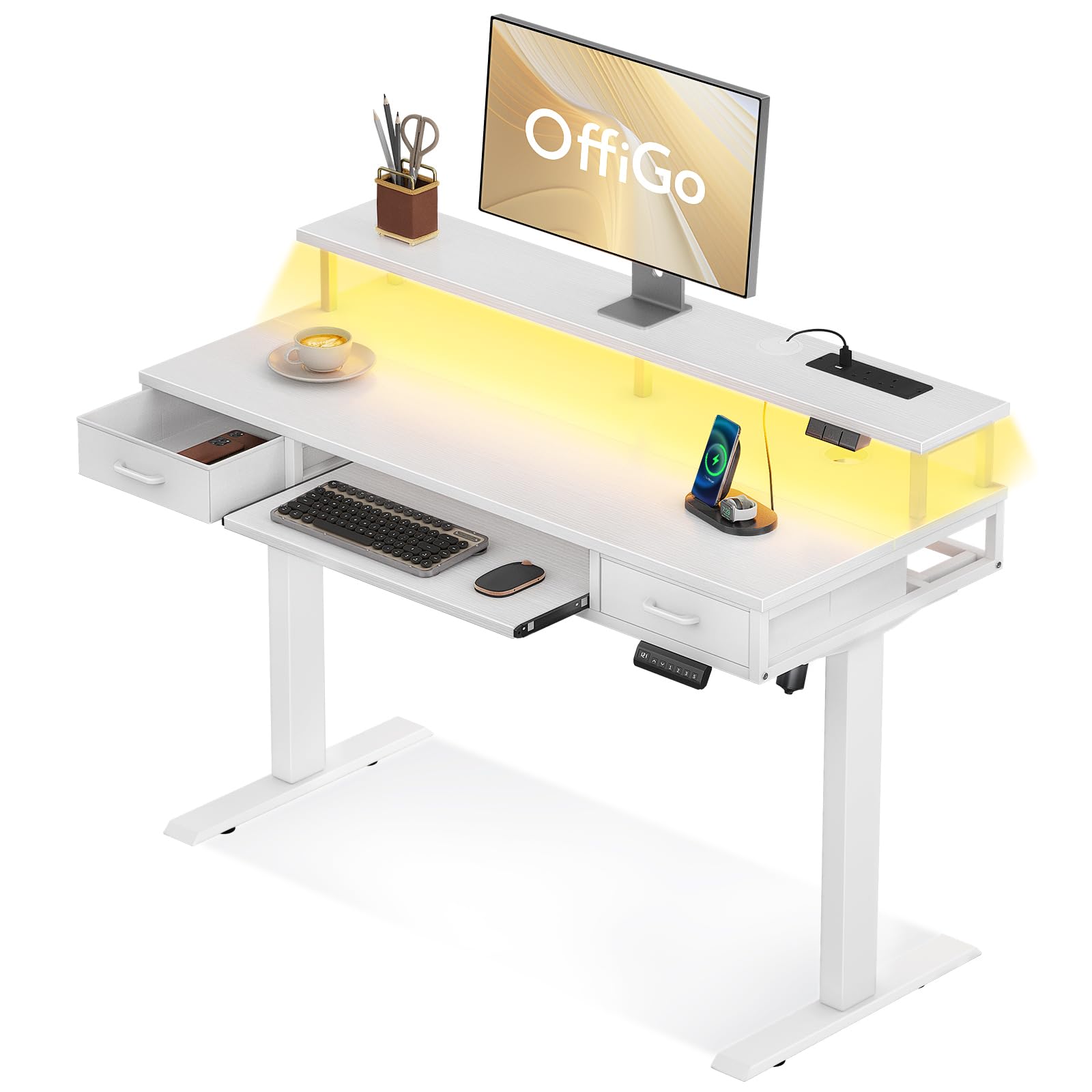 Woman standing at a white OffiGo electric height adjustable desk, working on a laptop.