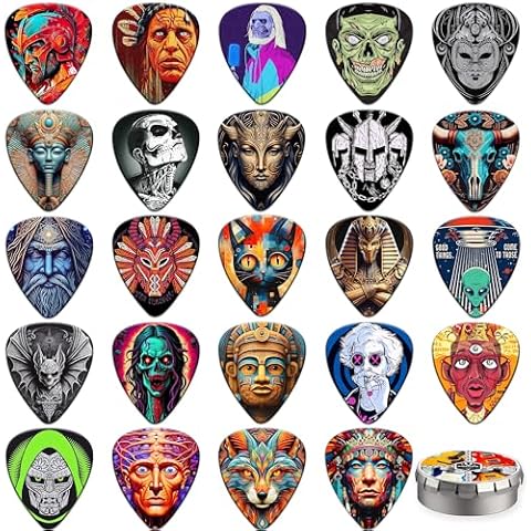 Guitar Picks,24 Pack Celluloid Thin, Medium, Heavy Guitar Pics,Guitar Picks Variety Pack Unique Artistic Design,Guitar Pick for Acoustic Guitar,Bass Guitar, Electric Guitar (Mix 7) Cover