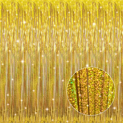 Image of GOER 3.2 ft x 9.8 ft Metallic Tinsel Foil Fringe Curtains for Party Photo Backdrop Decor (1 Pack, Gold)
