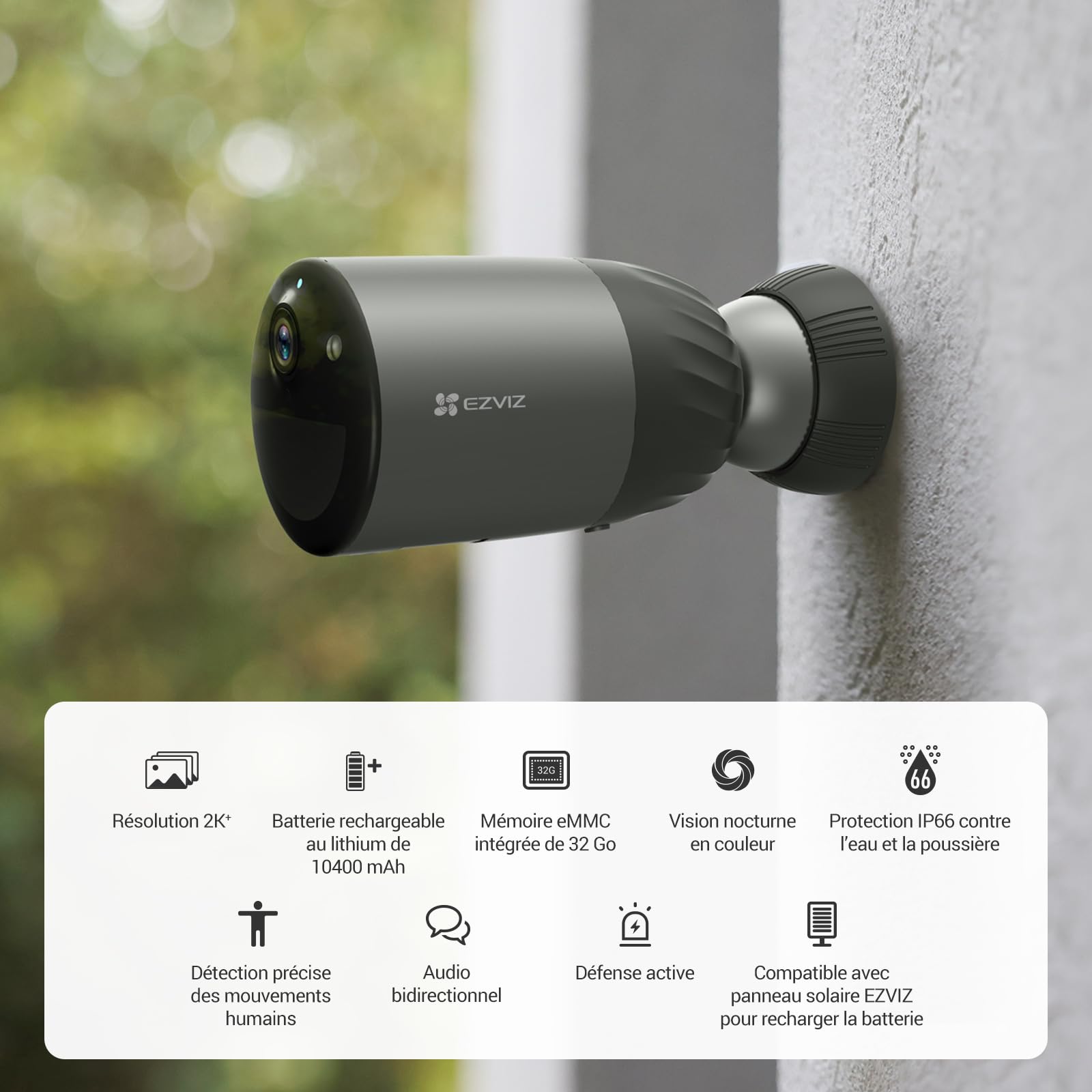 EZVIZ BC1C 4MP Caméra Surveillance WiFi Extérieure sans Fil, Autonomie de 270j, Batterie Rechargeable 10400mAh, Détection de Personne, Vision Nocturne en Couleur, Audio Bidirectionnel, 32Go eMMC, IP66