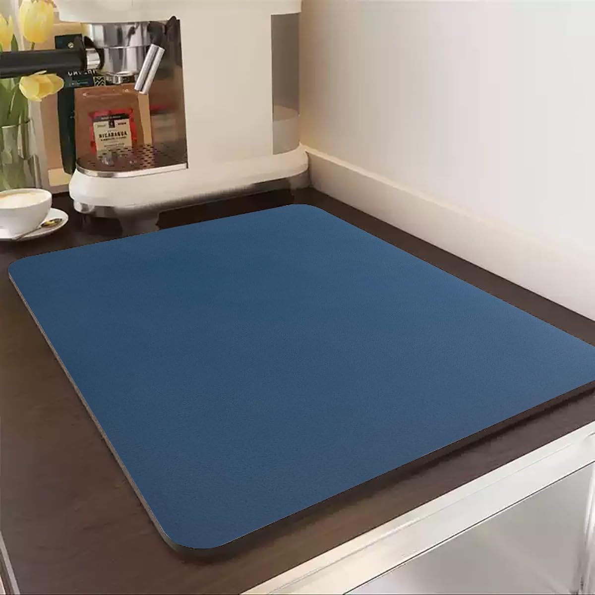PIGCHCY 2-Pack Dish Drying Mat, Super Absorbent Dish Drying Mat, Waterproof Rubber Backing Hide Stain Coffee Bar Mats for Kitchen Counter, Fit Under Espresso Machine (Solid Blue)