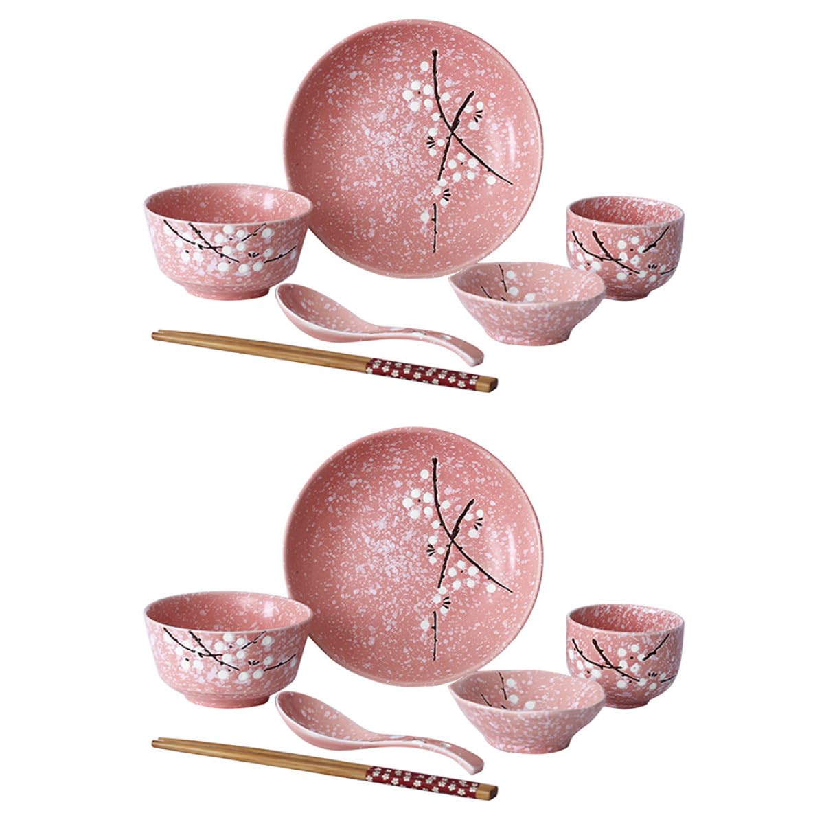 Set di Posate in Ceramica Rosa 12 Pezzi Stile Giapponese, Kit Stoviglie la Casa Ciotole, Piatti e Bacchette, Adatto per Feste, Ristoranti e Uso Quotidiano