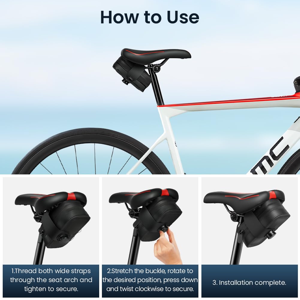 DiULi Bolsa Sillin Bicicleta, Bolsa Cerradura Giratoria para Sillín, 14.7*8.4*6cm Borsello Per Bici, Mini Bolsas de Asiento para MTB Bici Carretera Plegable,Desplazamientos y Ciclismo(Negro, Estilo A) - 5