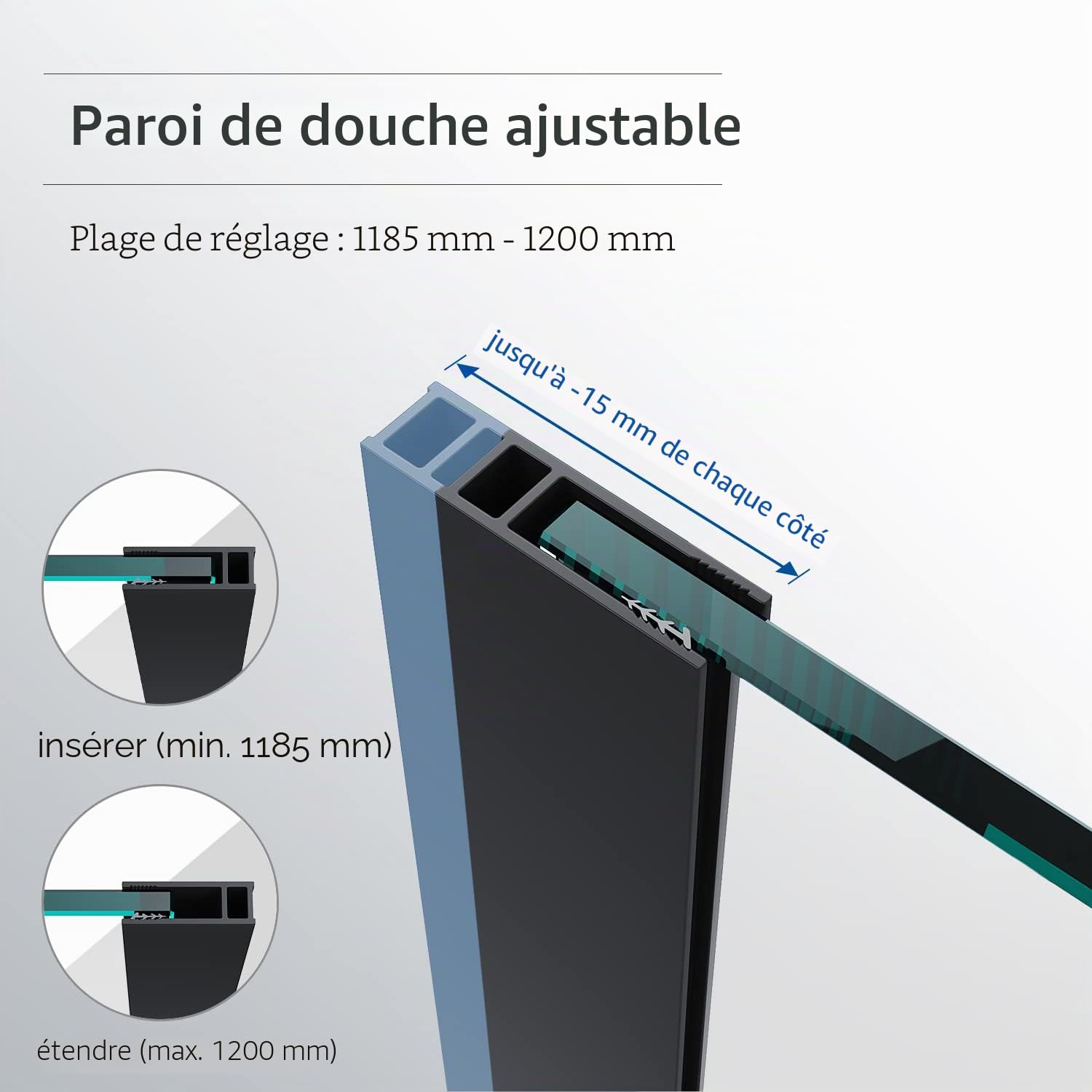 SONNI Paroi de douche - 120 x 200 cm - Walk In en verre Nano de 10 mm - Paroi avec stabilisateur réglable - Peut être montée sur receveur ou au sol