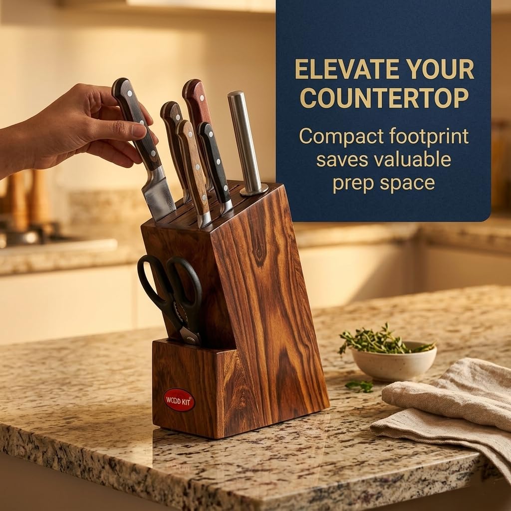 Woodkit Sheesham Wood Knife Stand | Handcrafted Wooden Knife Holder for Kitchen | Universal Slot-Free Knife Block | Countertop Cutlery Organizer