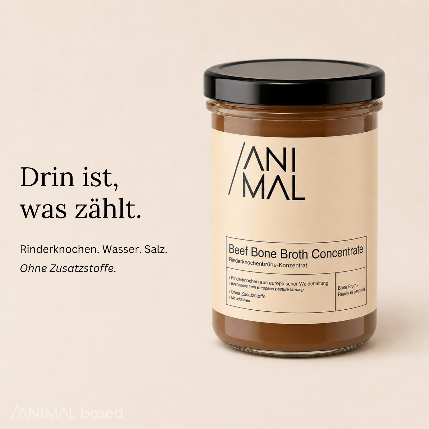 Animal Based Knochenbrühe Konzentrat vom Weiderind – Beef Bone Broth Paste im Glas, Rinderbrühe und Rinderfond für Trinkbrühe, Suppen und Saucen, mit Kollagen, ohne Zusatzstoffe, 220g, 22 Portionen