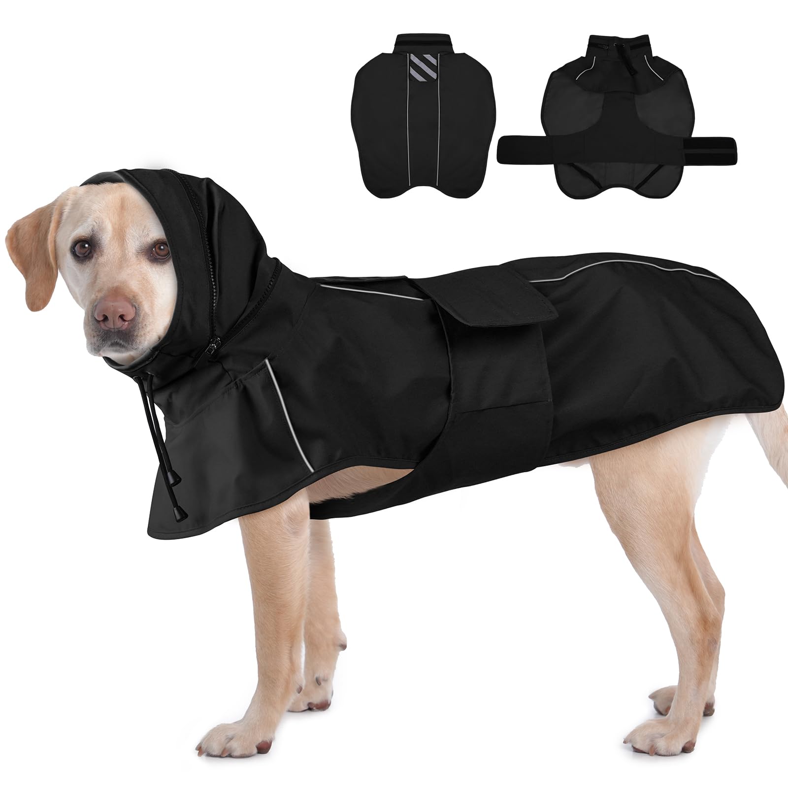 Dog Raincoat Waterproof, Reflective Adjustable Rain Jacket with Leash Hole, Convertible Hood/Collar Rain Coat for Dogs Poncho Breathable Lightweight (Black, XL)