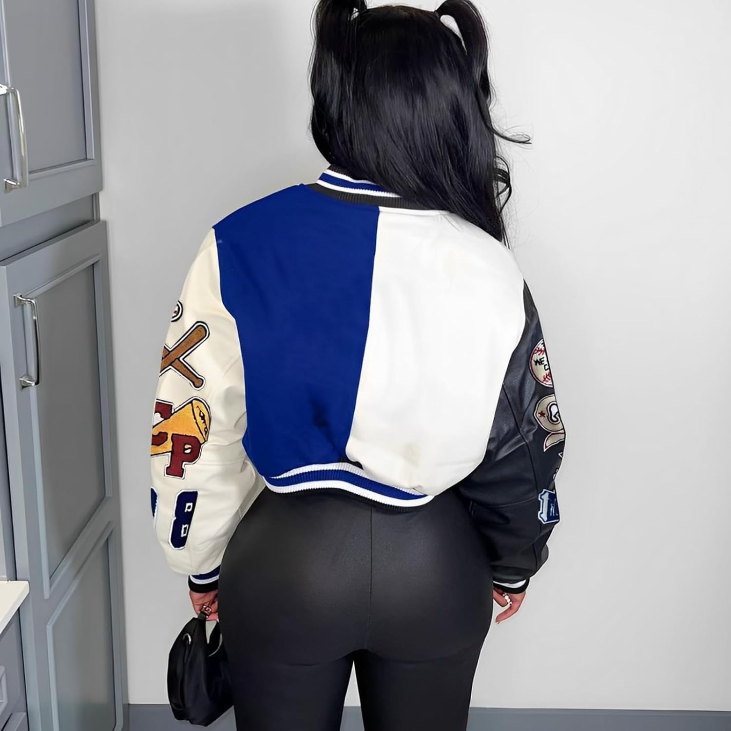 Glitrandi Varsity Jacket Women with Patches Print Cropped Bomber Leather Jacket Women 2025 S-XXL - Image 3