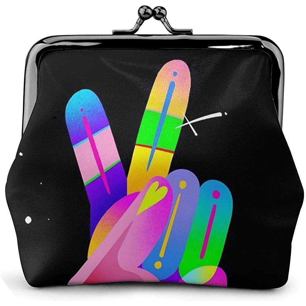 Rainbow V Sign Victory Hand Finger Vintage Pouch Girl Kiss-Lock Change Purse Wallets Buckle Leather Coin Purses