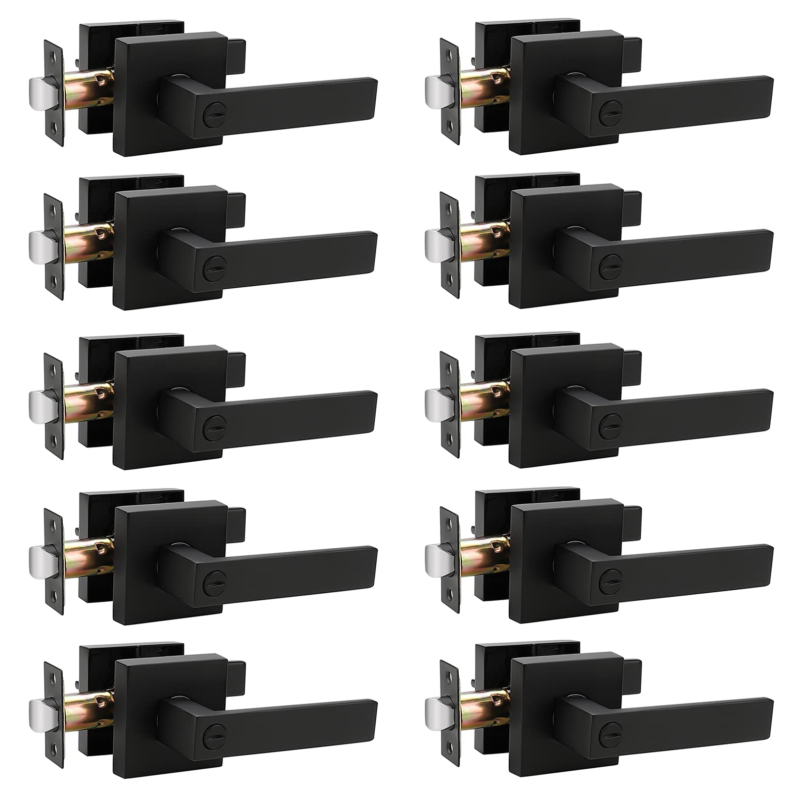 Probrico Heavy Duty Flat Black Square Privacy Interior Door Levers Bedromm and Bathroom Door Handles Keyless Bed/Bath Lockset (10 Pack)