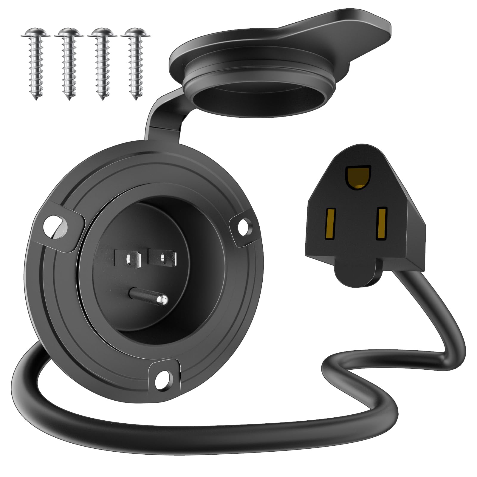 15A 125V NEMA 5-15 Shore Power Inlet Plug with Cord & Waterproof Cover - 2 Pole 3-Wire Marine Flanged Inlet for RV, Truck, Boat, Generator 20"