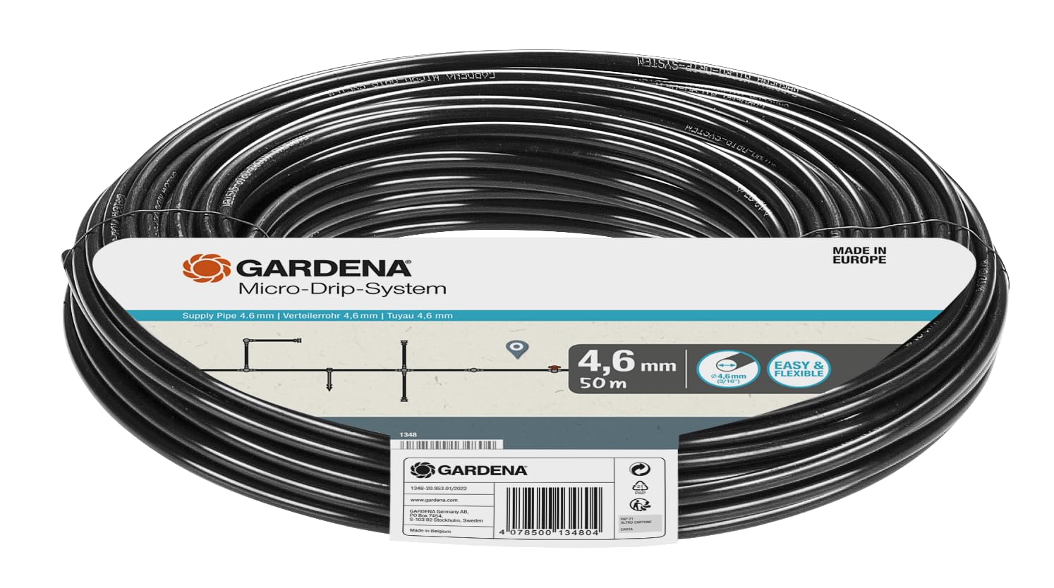 Gardena Tubo de distribución de Ø4,6 mm Rollo de 50 m, Negro, 4,6 mm (3/16")