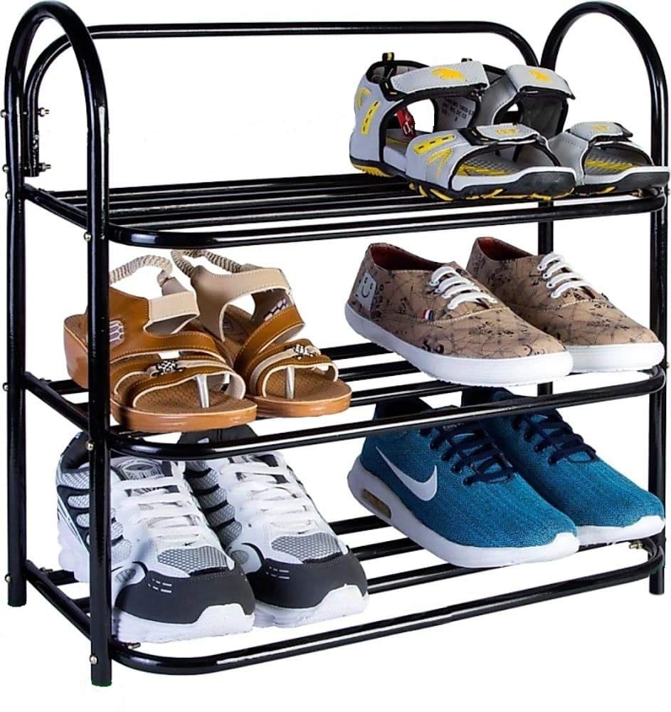 KSP HOMEHeavy Metal Home & Office Utility Foldable Multipurpose Rack 3 Shelves, Shoe/Book Rack Metal Collapsible Shoe Stand for Home(Black, 3 Shelf