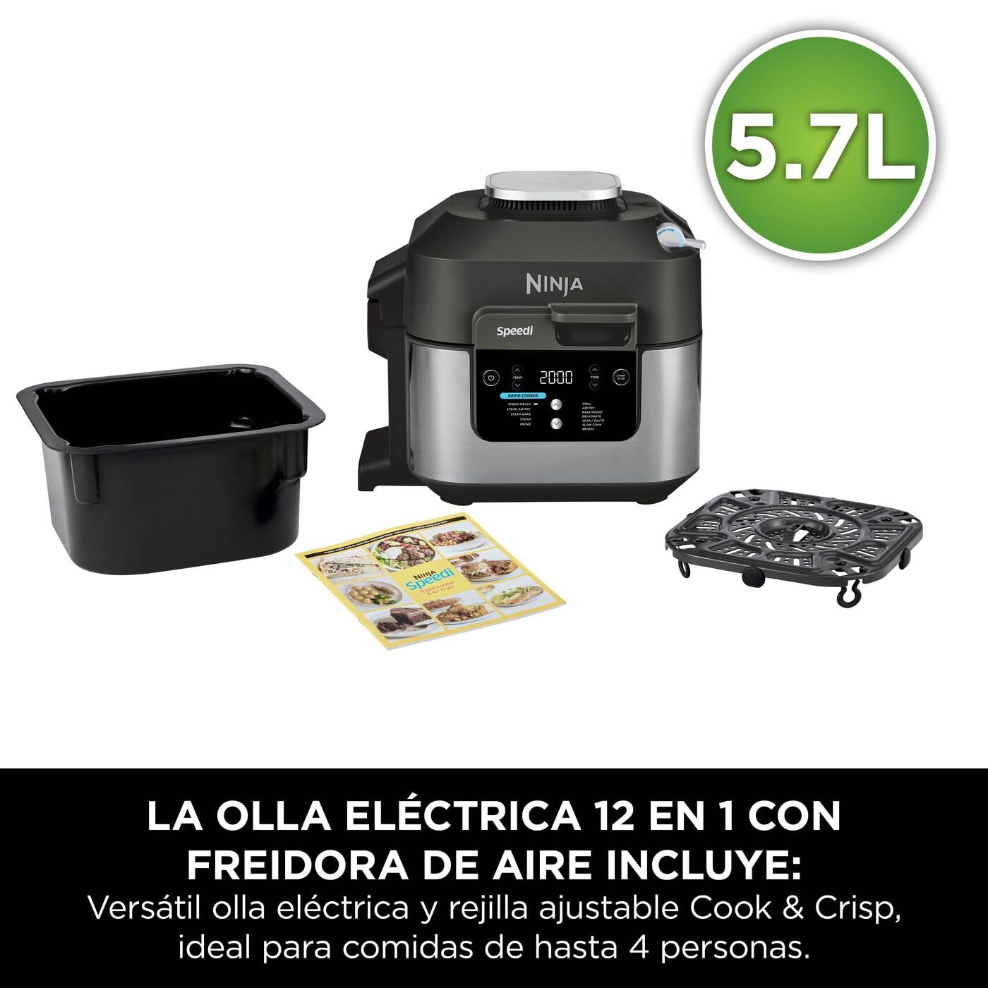 Ninja Speedi Olla Exprés Multifunción Rápida, Olla Eléctrica con Freidora Aire 5,7L, 10 en 1, Freidora sin Aceite, Horno, Cocción Lenta, al Vapor y más, 4 Porciones en 15min, Negro ON500EU