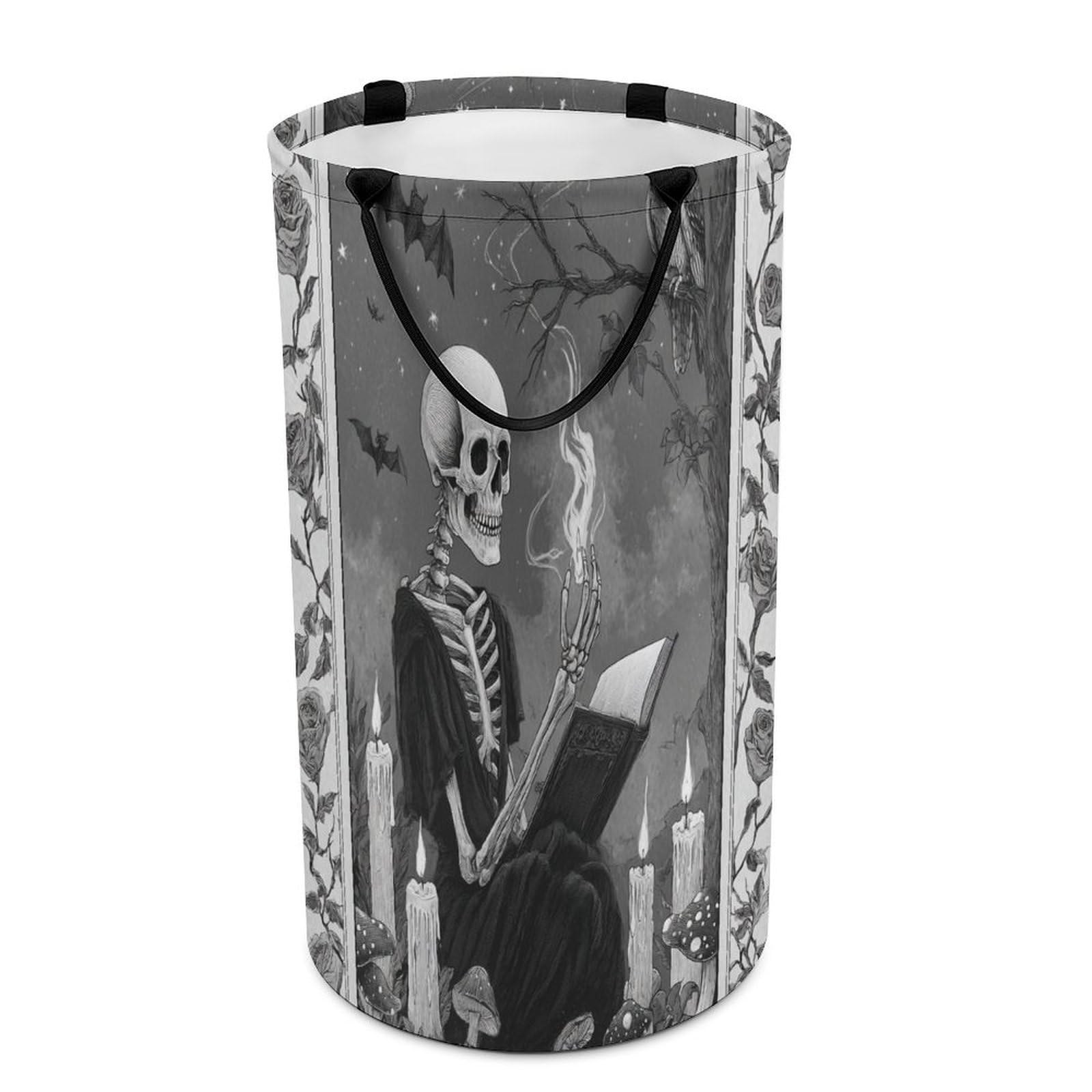 LUYYSKY Fantasy Classic Gothic Skeleton Collapsible Dirty Clothes Basket, Abstract Watercolor Halloween Animal Owl Bats Horror Skull Portable Clothes Storage Basket