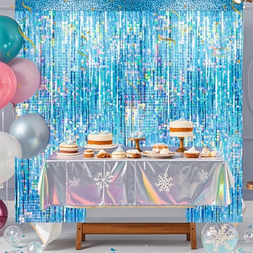 Image of 4 Packs Blue Foil Fringe Curtain, Light Blue Glitter Metallic Tinsel Backdrop for Birthday, Wedding, Baby Shower, Bachelorette, Ocean, Princess Party Decorations Supplies