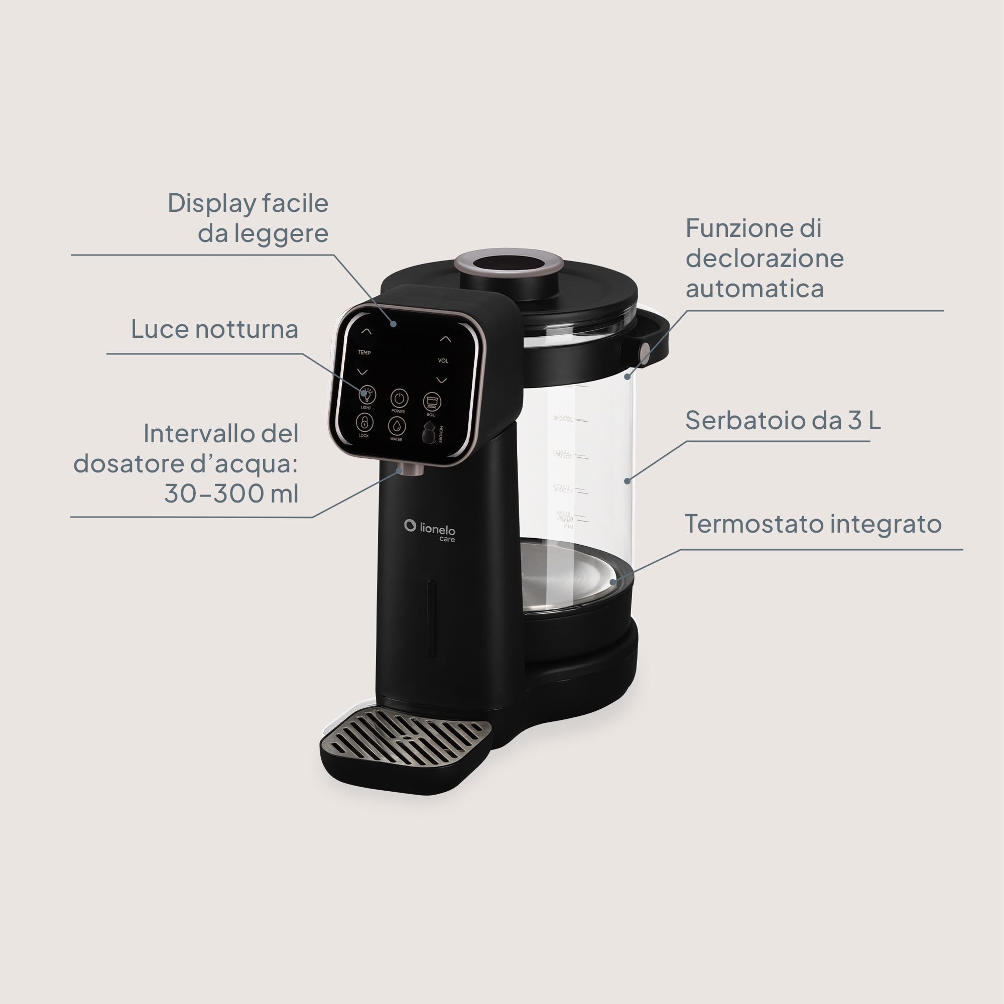 Lionelo BABYPRESTO 2.0 Preparatore Istantaneo di Latte in polvere con Temperatura Regolabile 40-100°C, Dosaggio Automatico 30-300 ml, Formula Scaldabiberon, Dispenser Acqua 3L, Declorazione, Igiene UV