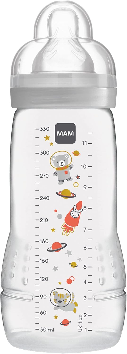 MAM Easy Active - Botella de agua para bebé (330 ml), incluye tetina MAM, tamaño 2, de silicona, botella de leche con forma ergonómica, 4+ meses, espacio