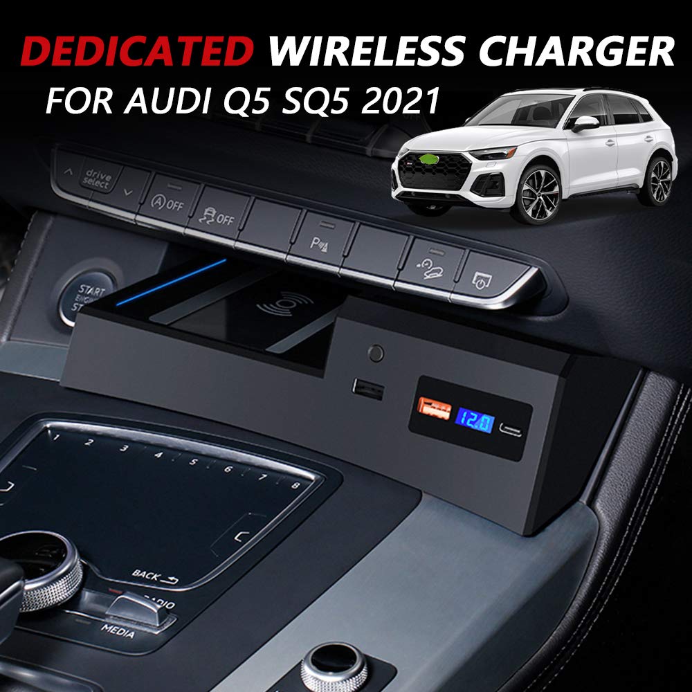 2021 Nuevo Cargador Inalámbrico Coche para Audi Q5 SQ5 2021 Consola Central Panel, 15W Carga Rápida Auto Teléfono Cargador con QC3.0 USB y 18W PD para iPhone 12/11/XS/X/8, Samsung S20/S10/S9
