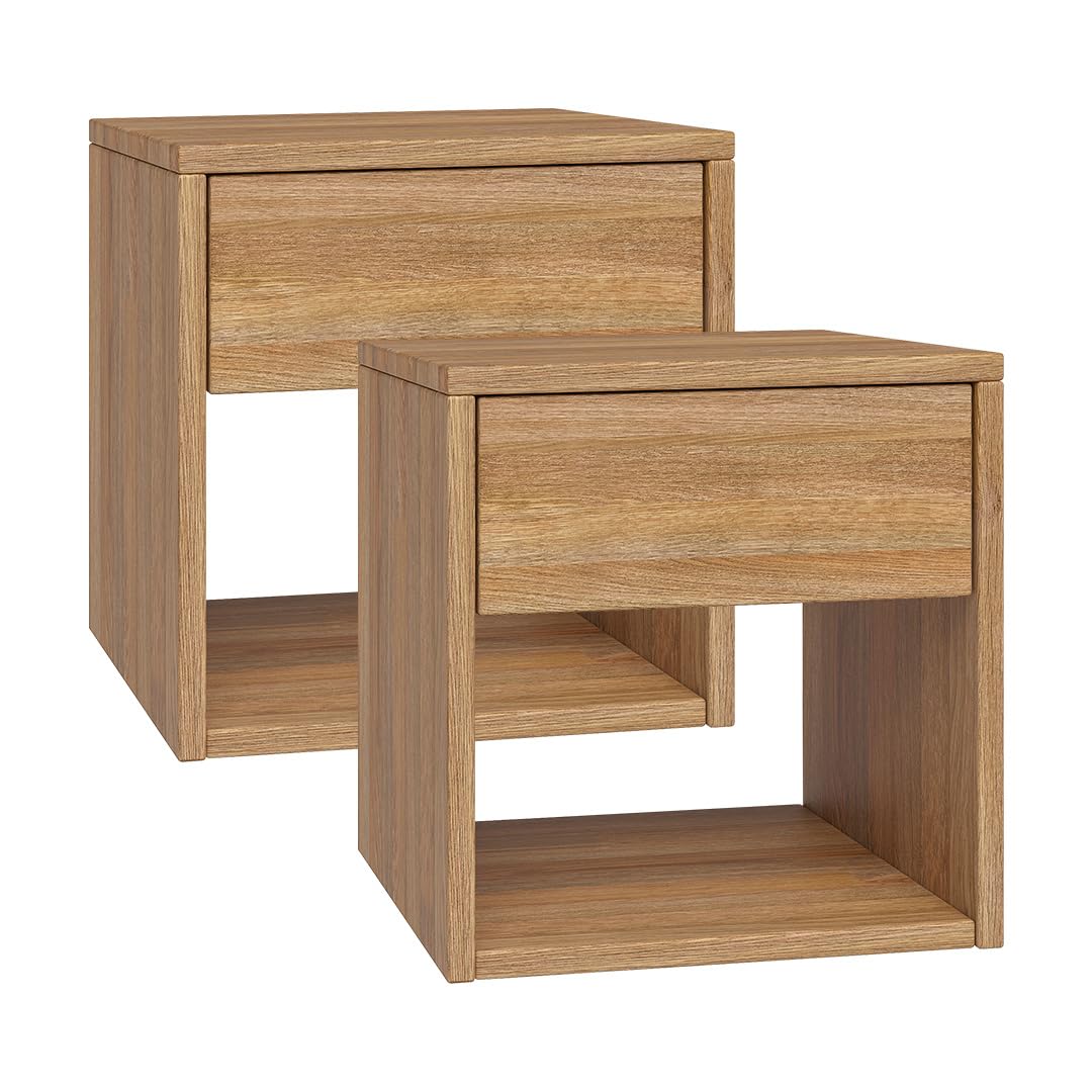 skølm Floki Nachttisch mit Schublade 2er Set – Nachtschrank Massivholz Eiche – Nachttischschrank Natur – Bedside Table – Nachtkommode Schlafzimmer – Nachtkästchen Holz – Beistelltisch 40x40x40 cm