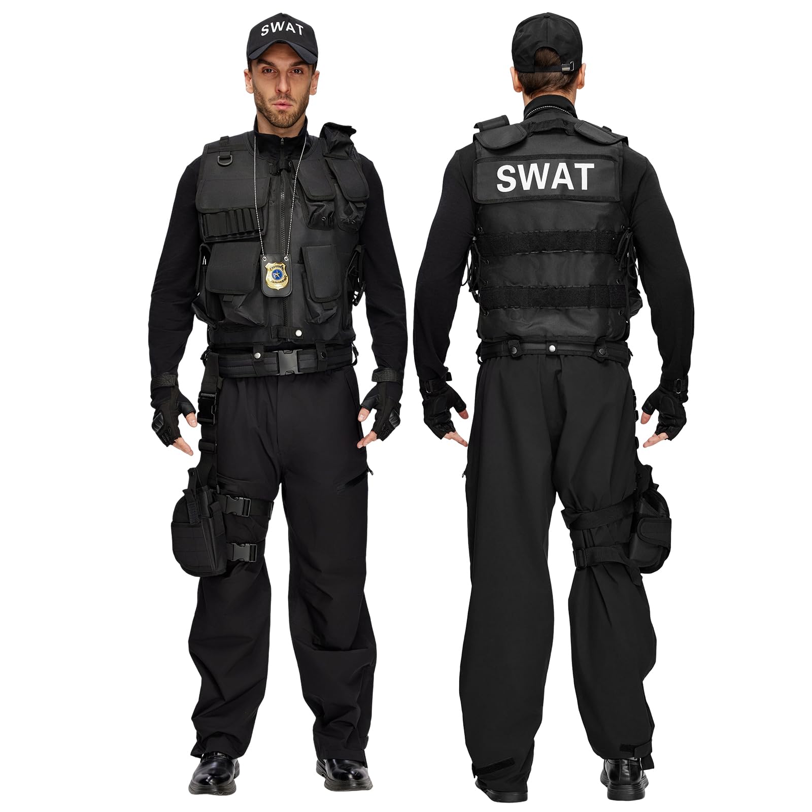 Conjunto Disfraces Swat para Hombre, Chaleco Swat Security con Equipamiento Policial, Chaleco Policial Negro para Carnaval, Halloween y Cosplay