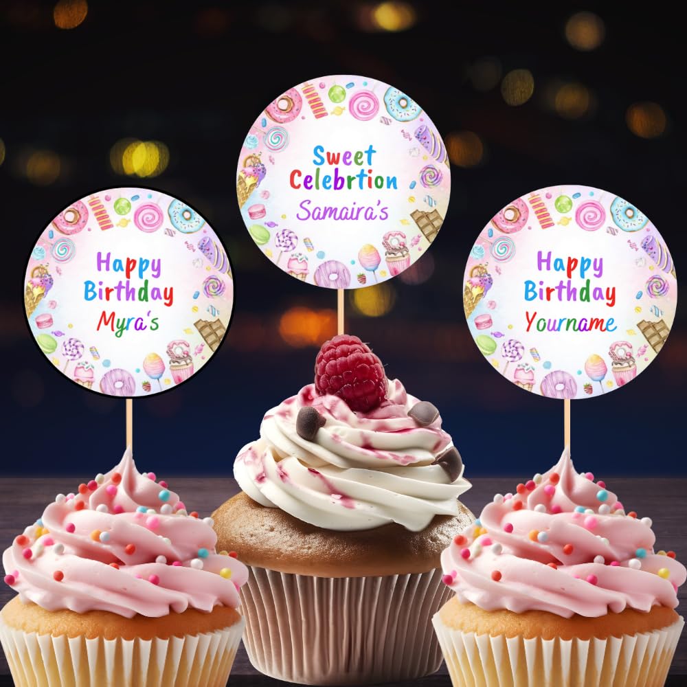 Personalized Cupcake Toppers Birthday Kids Boy Girls Cartoon Cake Decoration Candy Donut Theme Baby Shower
