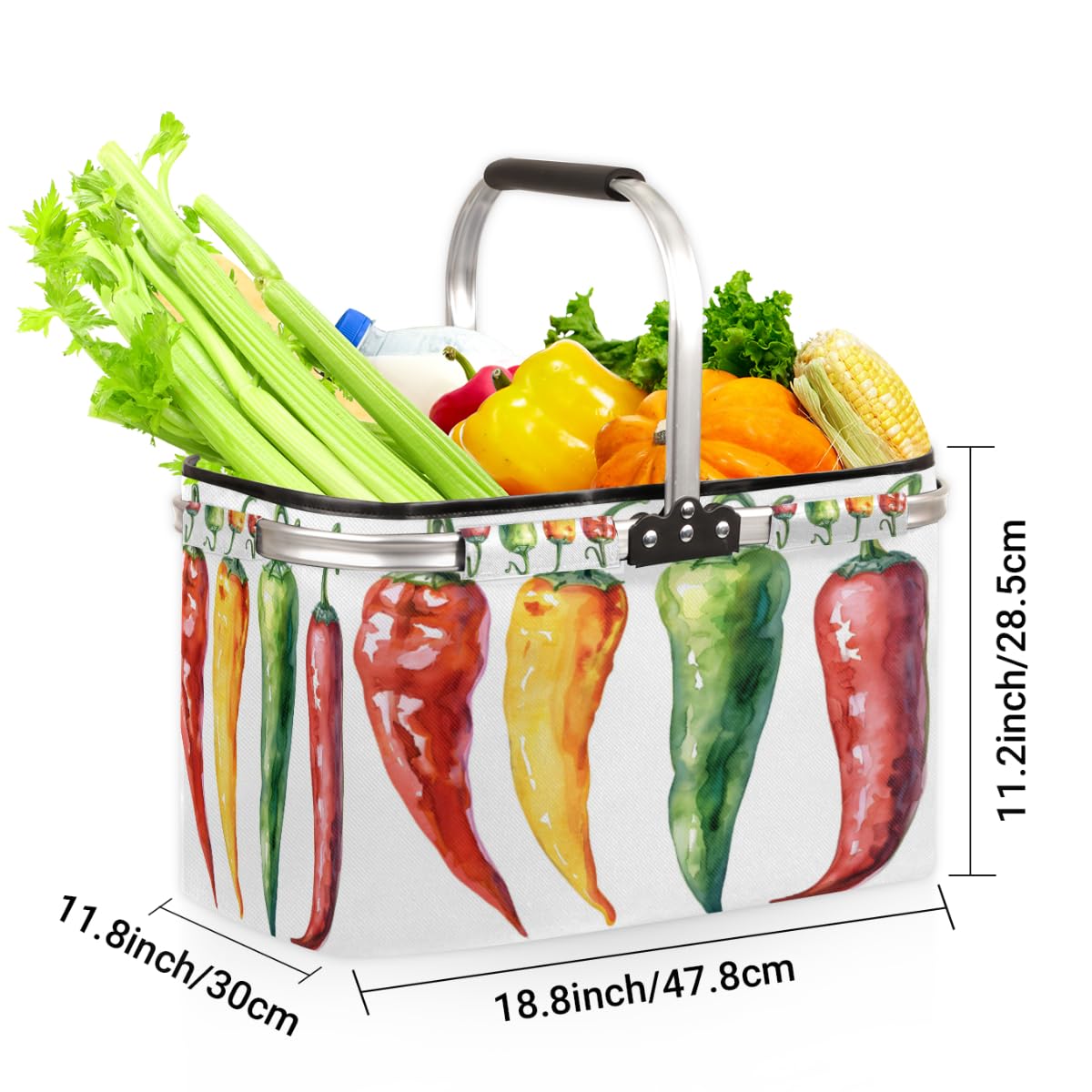 Tablerazzi Colorful Chilli Folding Picnic Basket Large Reusable Shopping Basket Vegetable Pepper Collapsible Grocery Bag with Handle Aluminum Frame Market Basket