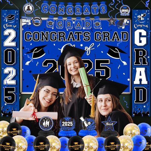 Image of Graduation Decorations 2025 Set Grad Party Supplies with Congrats Grad Banner, Class of 2025 Backdrop, Balloons & Streamers Kit, Foil Number 2025, Honeycomb, Porch Sign for Graduation Decor Blue